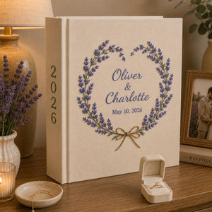 Personalized Swan Lavender Couple Wedding Photo Album, Custom Floral Embroidery Memory Book, Lavender Wedding Book, Linen Bridal Keepsake