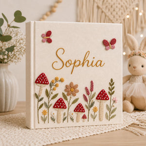 Hand Embroidered Baby Photo Album With Sleeves, Personalized Linen Baby Memory Book, Mushroom Floral Album Keepsake, Baby Shower Gift