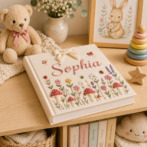 Personalized Embroidered Baby Photo Album, Floral Butterfly Keepsake Scrapbook, Minimal Floral Memory Book Keepsake, Neutral Nursery Gift