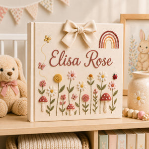 Personalized Embroidered Baby Photo Album, Floral Butterfly Keepsake Scrapbook, Minimal Floral Memory Book Keepsake, Neutral Nursery Gift