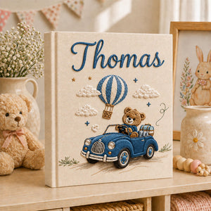 Hand Embroidered Linen Baby Photo Album, Teddy Bear Hot Air Balloon Car Memory Book, Newborn Keepsake Album, Baby Shower Gift