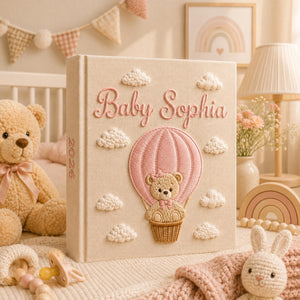 Custom Hand Embroidered Baby Photo Album, Teddy Bear Balloon Linen Memory Book, Baby Album Keepsake, Baby Shower Gift, Girl Nursery Album