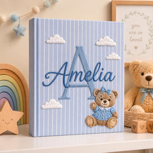 Hand Embroidered Baby Photo Album with Teddy Bear, Teddy Bear Balloon Linen Keepsake Memory Book, Baby Shower Gift, Girl Nursery Album