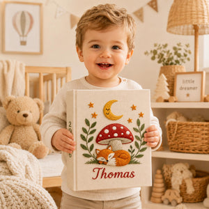Custom Hand Embroidered Baby Photo Album With Sleeves, Linen Baby Memory Book, Fox Mushroom Woodland Baby Scrapbook Keepsake, Nursery Gift