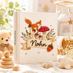 Custom Hand Embroidered Baby Photo Album With Sleeves, Linen Baby Memory Book, Fox Mushroom Woodland Baby Scrapbook Keepsake, Nursery Gift
