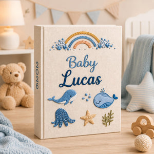 Custom Hand Embroidered Linen Baby Photo Album, Personalized Ocean Baby Memory Book, Whale Linen Keepsake Album, Newborn Keepsake Album