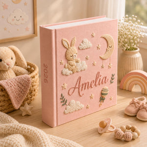 Custom Hand Embroidered Baby Photo Album, Rabbit Embroidered Keepsake Album, Personalized Bunny Memory Book, Newborn Keepsake Gift