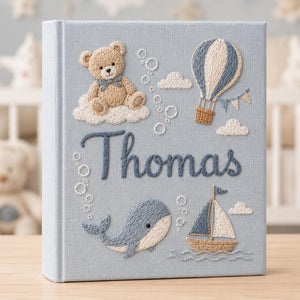 Hand Embroidered Teddy Bear Baby Photo Album, Teddy Bear Hot Air Balloon Whale Memory Book, Linen Keepsake Baby Book, Newborn Gift