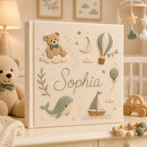 Hand Embroidered Teddy Bear Baby Photo Album, Personalized Sailor Teddy Bear Ocean Memory Book, Newborn Keepsake Gift, Nursery Decor Album