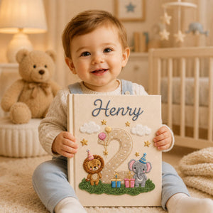Custom Hand Embroidered Baby Photo Album, Safari Keepsake Memory Book With Sleeves, Birthday Baby Photo Album, Newborn Keepsake Album