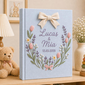 Custom Hand Embroidered Photo Album With Sleeves, Floral Wedding Keepsake Album, Linen Baby Memory Book, Anniversary Gift Photo Album