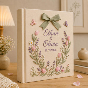 Custom Hand Embroidered Photo Album With Sleeves, Floral Wedding Keepsake Album, Linen Baby Memory Book, Anniversary Gift Photo Album