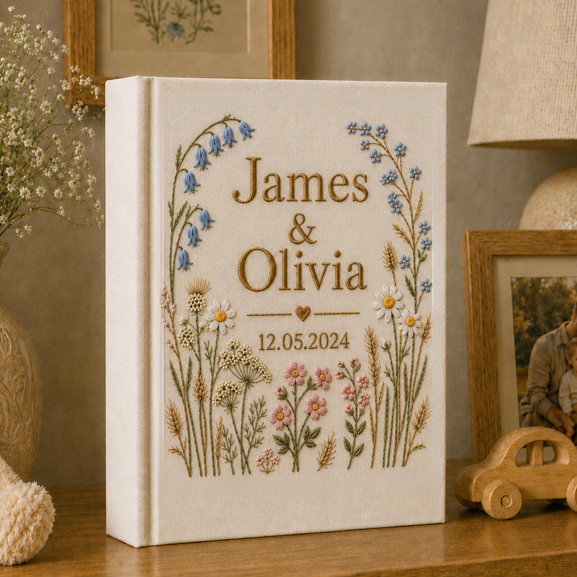 Vintage Wildflower Hand Embroidered Wedding Photo Album With Sleeves, Floral Wedding Keepsake Album, Baby Photo Album, Custom Memory Book