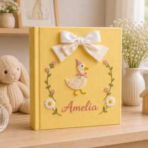 Personalized Floral Goose Baby Embroidered Photo Album, Custom Hand Embroidered Keepsake Album, Linen Memory Book, Girl Nursery Album