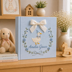 Personalized Floral Goose Baby Embroidered Photo Album, Embroidered Goose Keepsake Album, Linen Baby Memory Book, Unique Girl Newborn Gifts