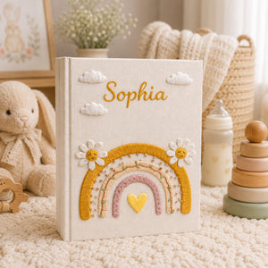 Custom Hand Embroidered Baby Photo Album, Embroidered Floral Rainbow Memory Book, Custom Newborn Keepsake Album, Baby Shower Gift