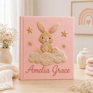 Custom Hand Embroidered Baby Photo Album, Personalized Bunny Keepsake Book, Hot Air Balloon Baby Girl Memory Album, Newborn Gift