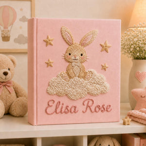 Custom Hand Embroidered Baby Photo Album, Personalized Bunny Keepsake Book, Hot Air Balloon Baby Girl Memory Album, Newborn Gift