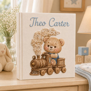 Embroidered Little Train Linen Baby Photo Album , Custom Airplane and Train Baby Memory Book, Baby Shower Gift, Baby Boy Keepsake Album