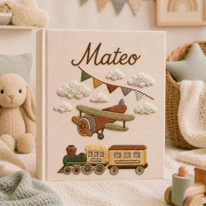 Embroidered Little Train Linen Baby Photo Album , Custom Airplane and Train Baby Memory Book, Baby Shower Gift, Baby Boy Keepsake Album