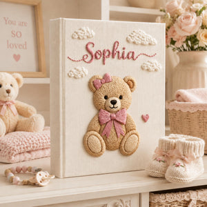 Personalized Embroidered Teddy Bear Initial Baby Photo Album, Custom Hand Embroidered Linen Memory Book, Baby Keepsake Album, Newborn Gift