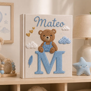 Personalized Embroidered Teddy Bear Initial Baby Photo Album, Custom Hand Embroidered Linen Memory Book, Baby Keepsake Album, Newborn Gift