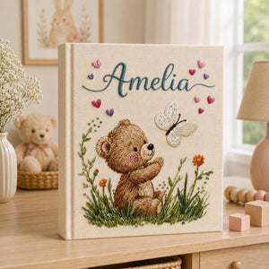 Hand Embroidered Baby Photo Album with Teddy Bear, Embroidered Photo Album With Sleeves, Linen Baby Memory Book, Newborn Keepsake Album