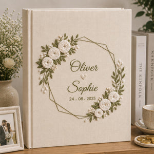 Custom Hand Embroidered Linen Photo Album, Floral Wedding Keepsake Album, Flower Wedding Photo Album, Hardbound Scrapbook,Unique Photo Album