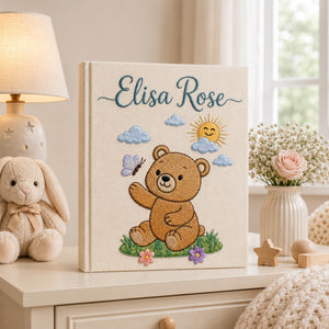 Hand Embroidered Teddy Bear Baby Photo Album, Teddy Bear Floral Woodland Design, Custom Linen Baby Memory Book, Newborn Keepsake Album