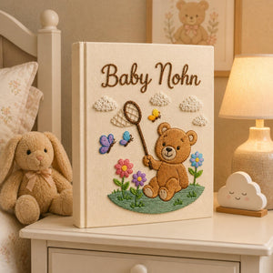 Hand Embroidered Teddy Bear Baby Photo Album, Teddy Bear Floral Woodland Design, Custom Linen Baby Memory Book, Newborn Keepsake Album