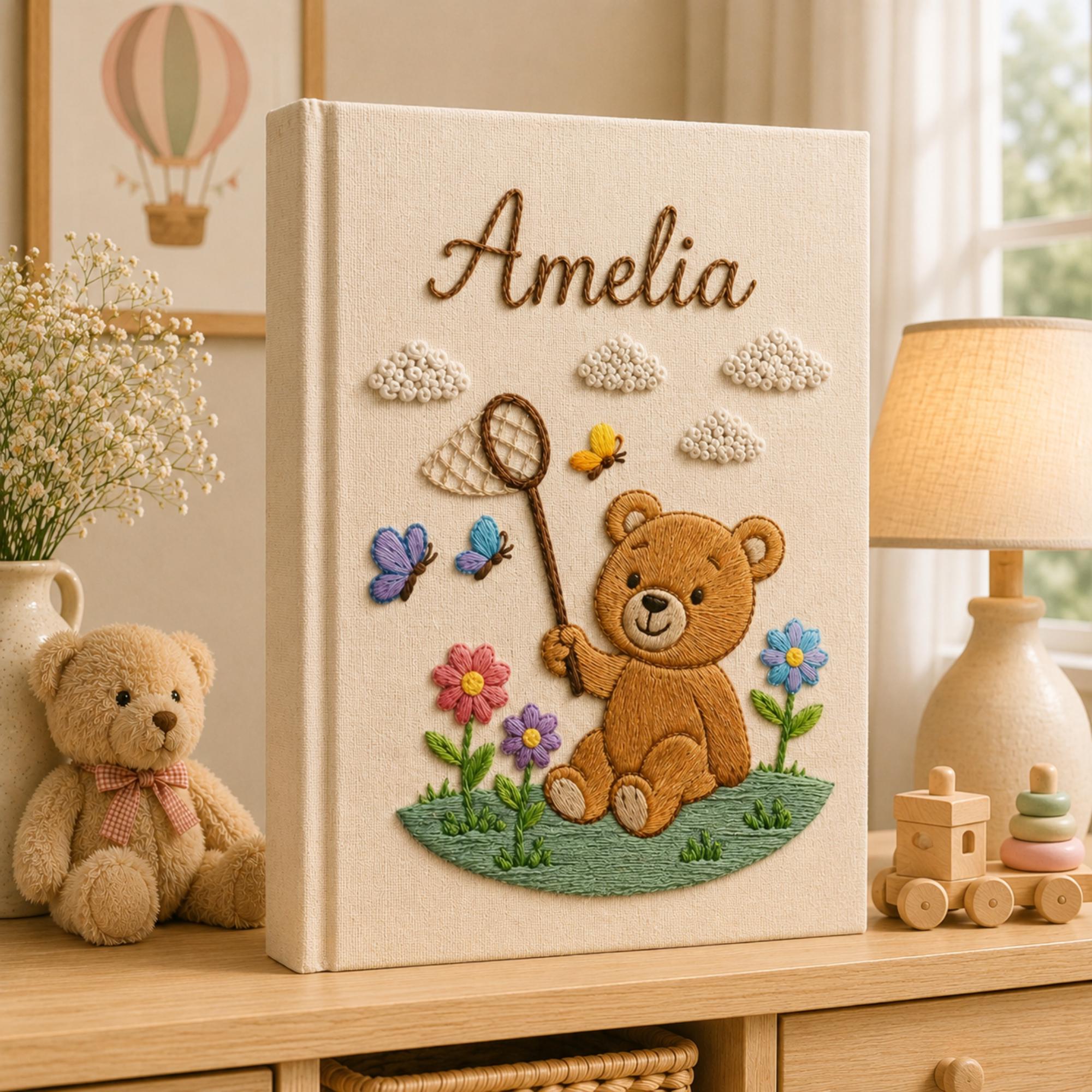 Hand Embroidered Teddy Bear Baby Photo Album, Teddy Bear Floral Woodland Design, Custom Linen Baby Memory Book, Newborn Keepsake Album
