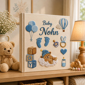Personalized Hand Embroidered Keepsake Baby Photo Album, Embroidered Teddy Bear Memory Book, Custom Linen Baby Keepsake Album, Newborn Gift