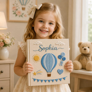 Personalized Hand Embroidered Keepsake Baby Photo Album, Embroidered Teddy Bear Memory Book, Custom Linen Baby Keepsake Album, Newborn Gift