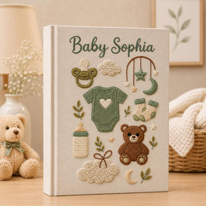 Personalized Hand Embroidered Keepsake Baby Photo Album, Embroidered Teddy Bear Memory Book, Custom Linen Baby Keepsake Album, Newborn Gift