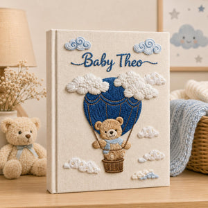 Hand Embroidered Baby Photo Album with Teddy Bear, Hot Air Balloon Memory Book, Custom Linen Baby Album Keepsake, Baby Shower Gift