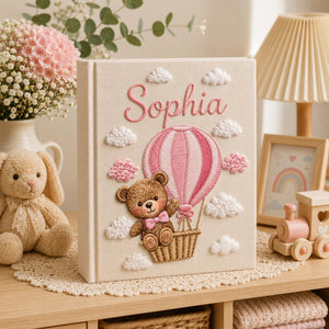Custom Hand Embroidered Baby Photo Album, Teddy Bear Balloon Linen Memory Book, Baby Album Keepsake, Baby Shower Gift, Girl Nursery Album