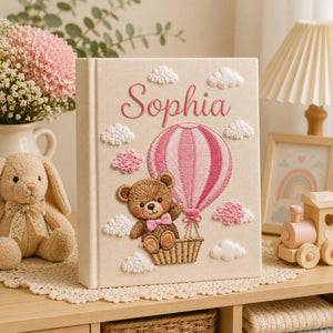 Custom Hand Embroidered Baby Photo Album, Teddy Bear Balloon Linen Memory Book, Baby Album Keepsake, Baby Shower Gift, Girl Nursery Album