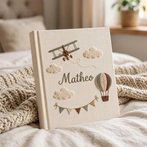 Custom Hand Embroidered Baby Photo Album, Airplane Hot Air Balloon Design, Personalized Baby Memory Book, Handmade Linen Keepsake Gift