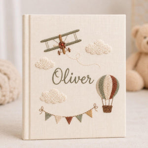 Custom Hand Embroidered Baby Photo Album, Airplane Hot Air Balloon Design, Personalized Baby Memory Book, Handmade Linen Keepsake Gift