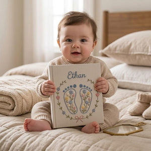 Hand Embroidered Baby Photo Album, Personalized Name Album, Floral Baby Footprints, Newborn Memory Book, Baby Shower Gifts, Nursery Keepsake