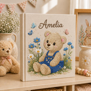 Custom Hand Embroidered Baby Photo Album, Teddy Bear Floral Linen Memory Book, Baby Album Keepsake, Baby Shower Gift, Girl Nursery Album