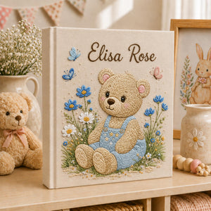 Custom Hand Embroidered Baby Photo Album, Teddy Bear Floral Linen Memory Book, Baby Album Keepsake, Baby Shower Gift, Girl Nursery Album