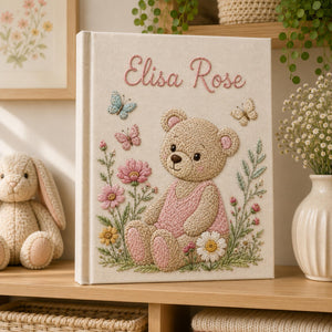Custom Hand Embroidered Baby Photo Album, Teddy Bear Floral Linen Memory Book, Baby Album Keepsake, Baby Shower Gift, Girl Nursery Album