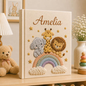 Personalized Safari Train Baby Photo Album, Custom Embroidered Linen Baby Memory Book, Safari Baby Photo Album, Newborn Keepsake Album