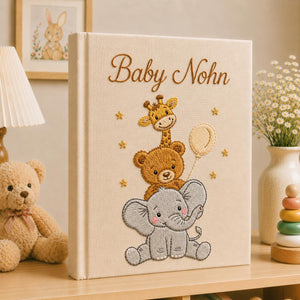 Hand Embroidered Baby Photo Album With Sleeves, Embroidered Linen Baby Memory Book, Safari Baby Photo Album, Newborn Keepsake Album