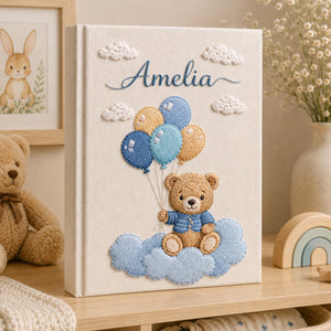 Custom Hand Embroidered Baby Photo Album, Teddy Bear Hot Air Balloon Baby Photo Album, Hand Embroidered Linen Memory Book, Newborn Keepsake
