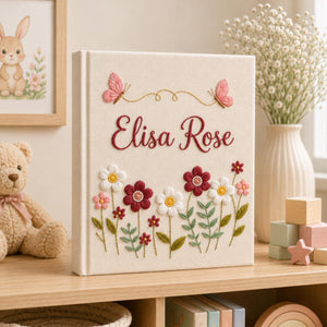 Hand Embroidered Baby Photo Album With Sleeves, Personalized Linen Memory Book, Minimal Floral Keepsake, Newborn Gift, Baby Shower Gift