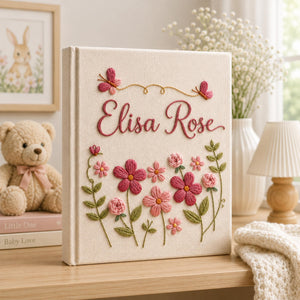 Hand Embroidered Baby Photo Album With Sleeves, Personalized Linen Memory Book, Minimal Floral Keepsake, Newborn Gift, Baby Shower Gift