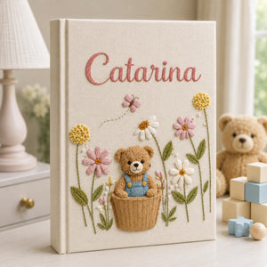 Hand Embroidered Teddy Bear Linen Baby Photo Album, Floral Memory Book Keepsake, Unique Photo Album, Baby Shower Gift, Newborn Keepsake