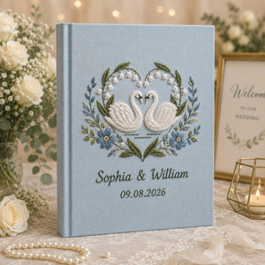 Custom Hand Embroidered Wedding Photo Album With Sleeves, Lily of the Valley Wedding Photo Album, Embroidered Swan Heart Memory Book